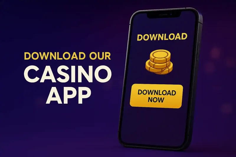 Mobile phone displaying casino app download screen with golden poker chips and download now button on purple background