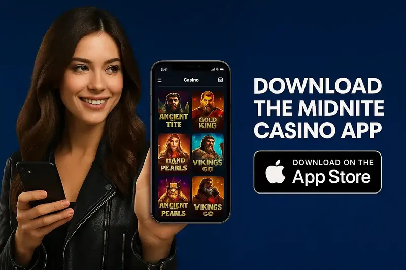 Smiling woman in leather jacket displaying Midnite Casino app on smartphone showing slot games with App Store download button