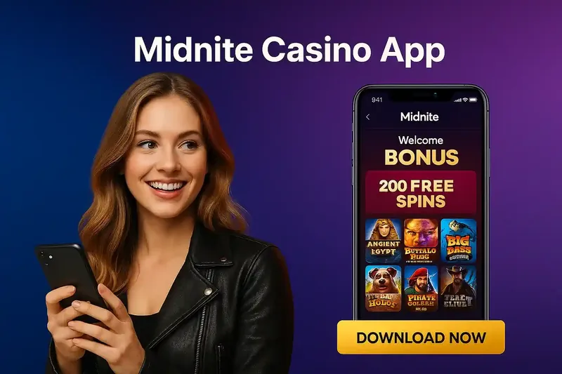 Happy woman holding phone with Midnite Casino app displaying 200 free spins welcome bonus and popular slot games