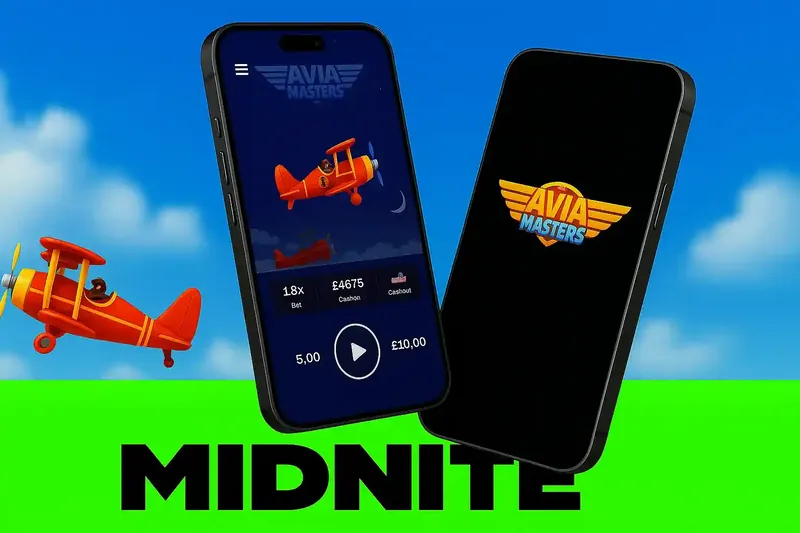 Avia Masters mobile game interface showing two smartphones with crash game featuring red biplane and multiplier display
