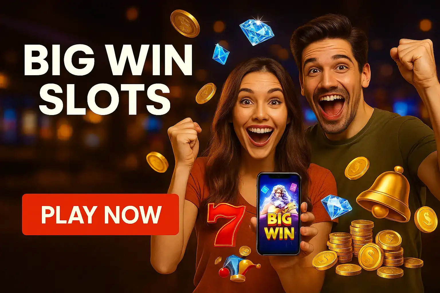 Midnite Casino Big Win Slots - Play Mobile Games Now Excited couple celebrating big win at Midnite casino slots with smartphone showing jackpot, surrounded by gold coins and diamonds