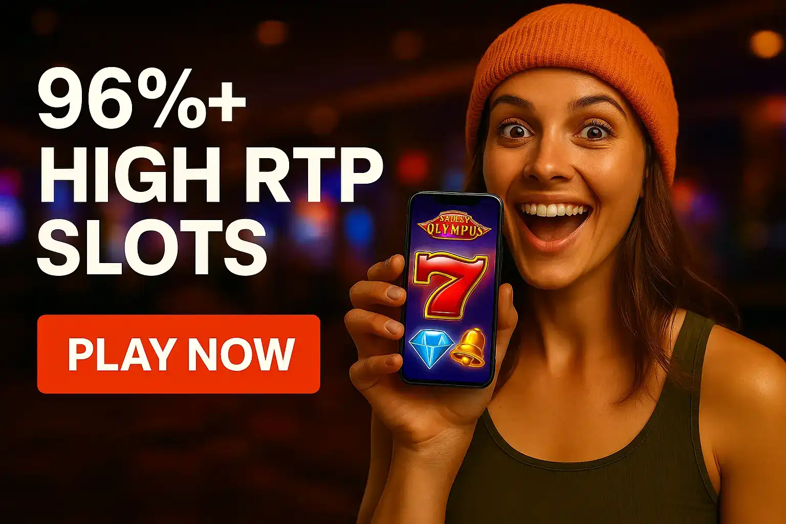 Midnite Casino High RTP Slots - 96%+ Return Rate Games Happy woman in orange beanie holding smartphone displaying Midnite casino high RTP slots game with 96%+ return rate promotion