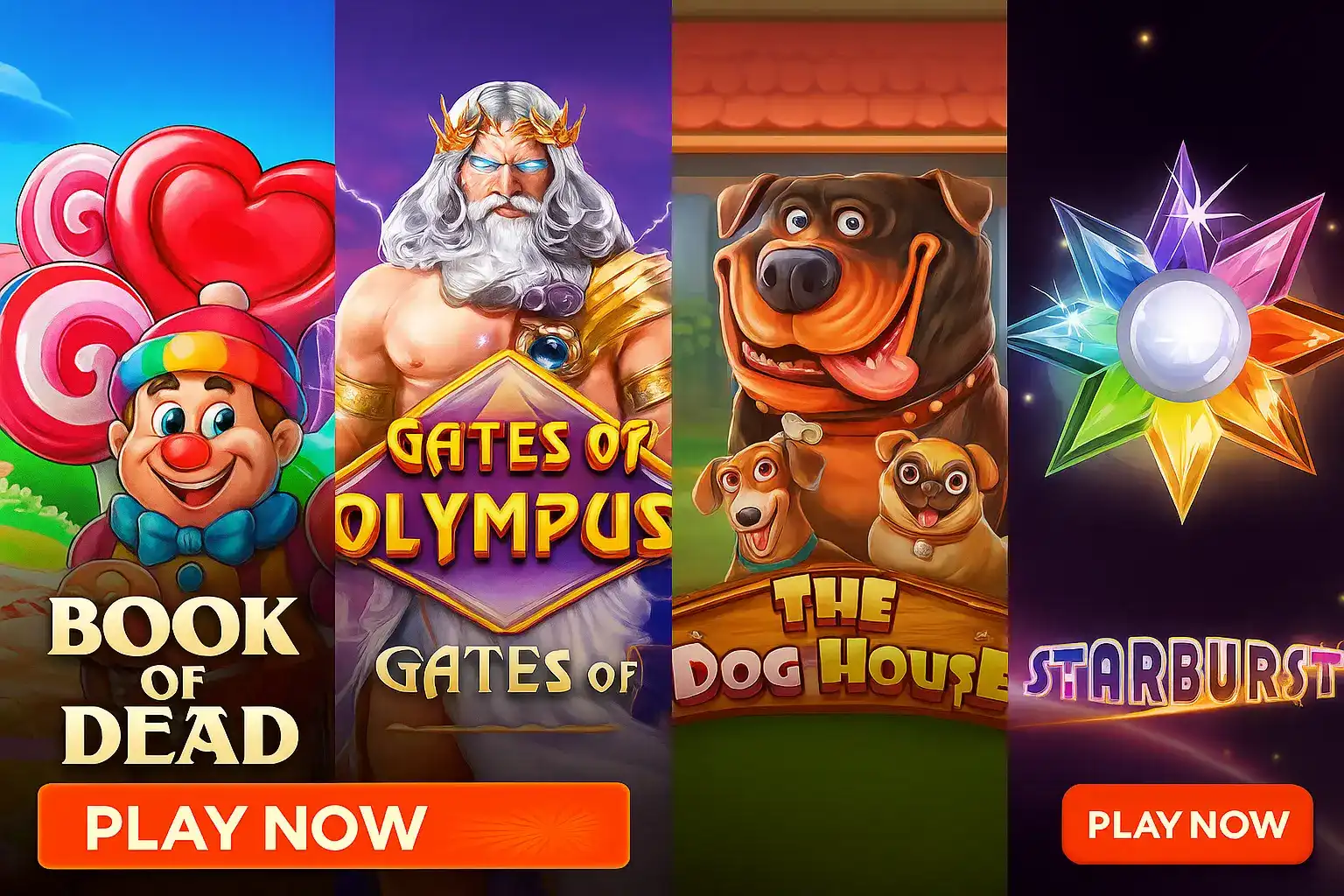 Popular Midnite Casino Slot Games - Book of Dead and More Collection of popular Midnite casino slot games including Book of Dead, Gates of Olympus, Dog House, and Starburst with play buttons