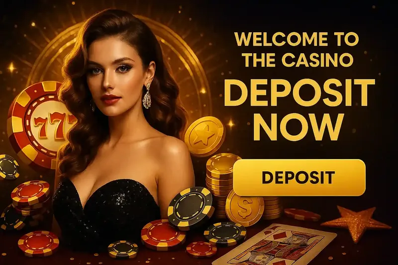 Glamorous woman in black dress with diamond earrings surrounded by golden casino chips and cards promoting deposit options