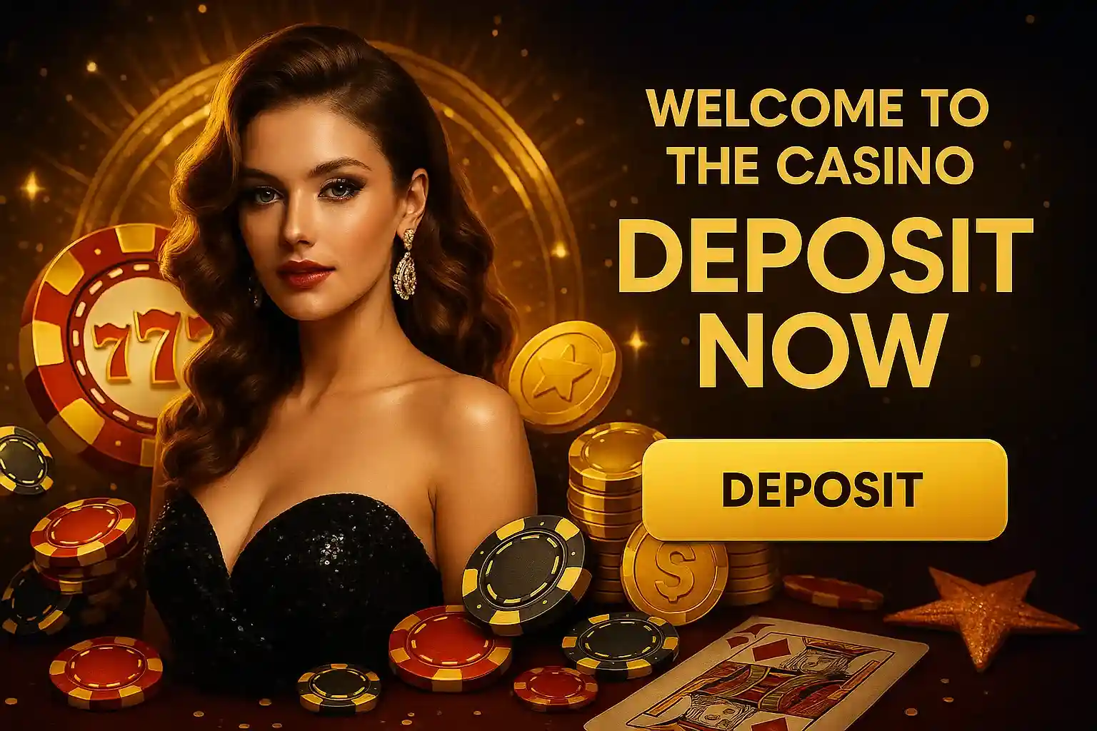 Welcome to Midnite Casino - Deposit Now for Premium Gaming Glamorous woman in black dress with diamond earrings surrounded by golden casino chips and cards promoting deposit options
