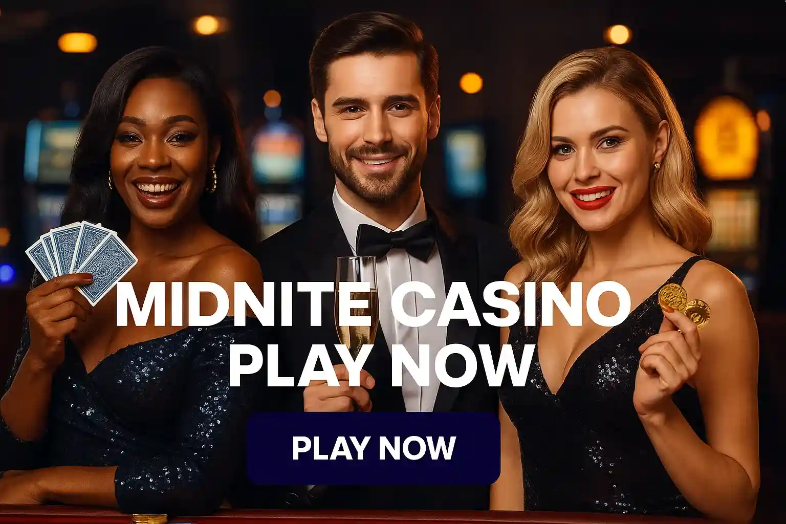 Midnite Casino Premium Gaming - Elegant Casino Experience Three elegant casino players in formal attire with cards and champagne in luxurious Midnite Casino gaming environment