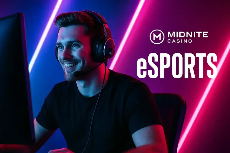 Professional esports gamer with headphones in neon-lit gaming setup representing Midnite Casino esports betting platform