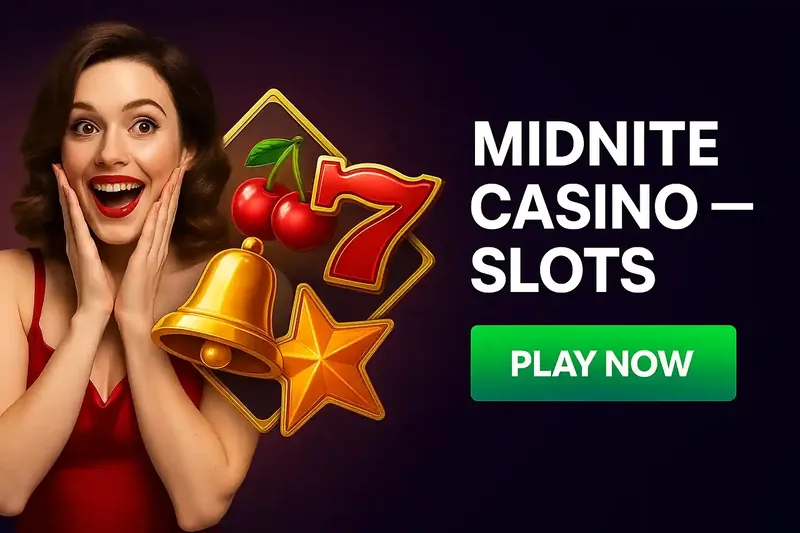 Amazed woman with hands on face next to classic slot symbols including cherries, seven and star at Midnite Casino