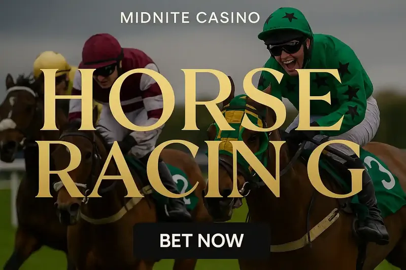 A close-up action shot of jockeys competing in a fast-paced horse race. The lead jockey shouts in excitement, highlighting the thrill of betting on your favorite horses with Midnite and watching them race to the finish line.