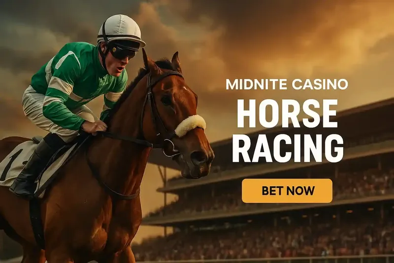 A focused jockey in a green and white uniform rides a powerful brown horse during a thrilling race. Experience the excitement of horse racing betting with competitive odds at Midnite Casino and place your winning bet now.