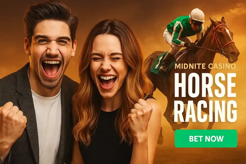 A joyful couple celebrates a big win, cheering with excitement. In the background, a horse race is underway, representing the thrilling betting opportunities available at Midnite Casino. Bet now and feel the rush of victory.