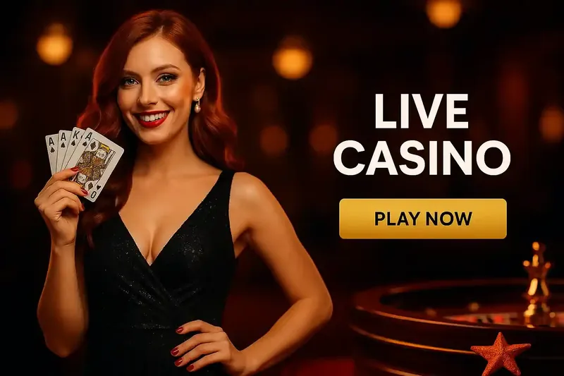 Professional female casino dealer with red hair holding playing cards in luxurious casino setting with warm lighting