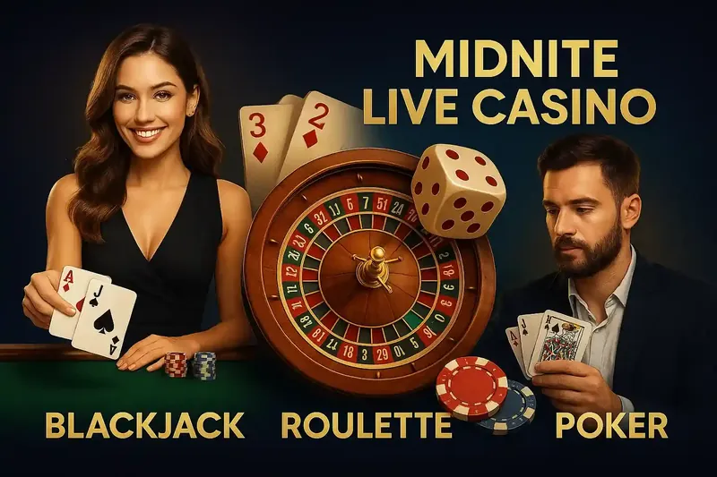 Elegant live casino setup with female dealer, male player, roulette wheel, cards and chips showcasing Midnite live games