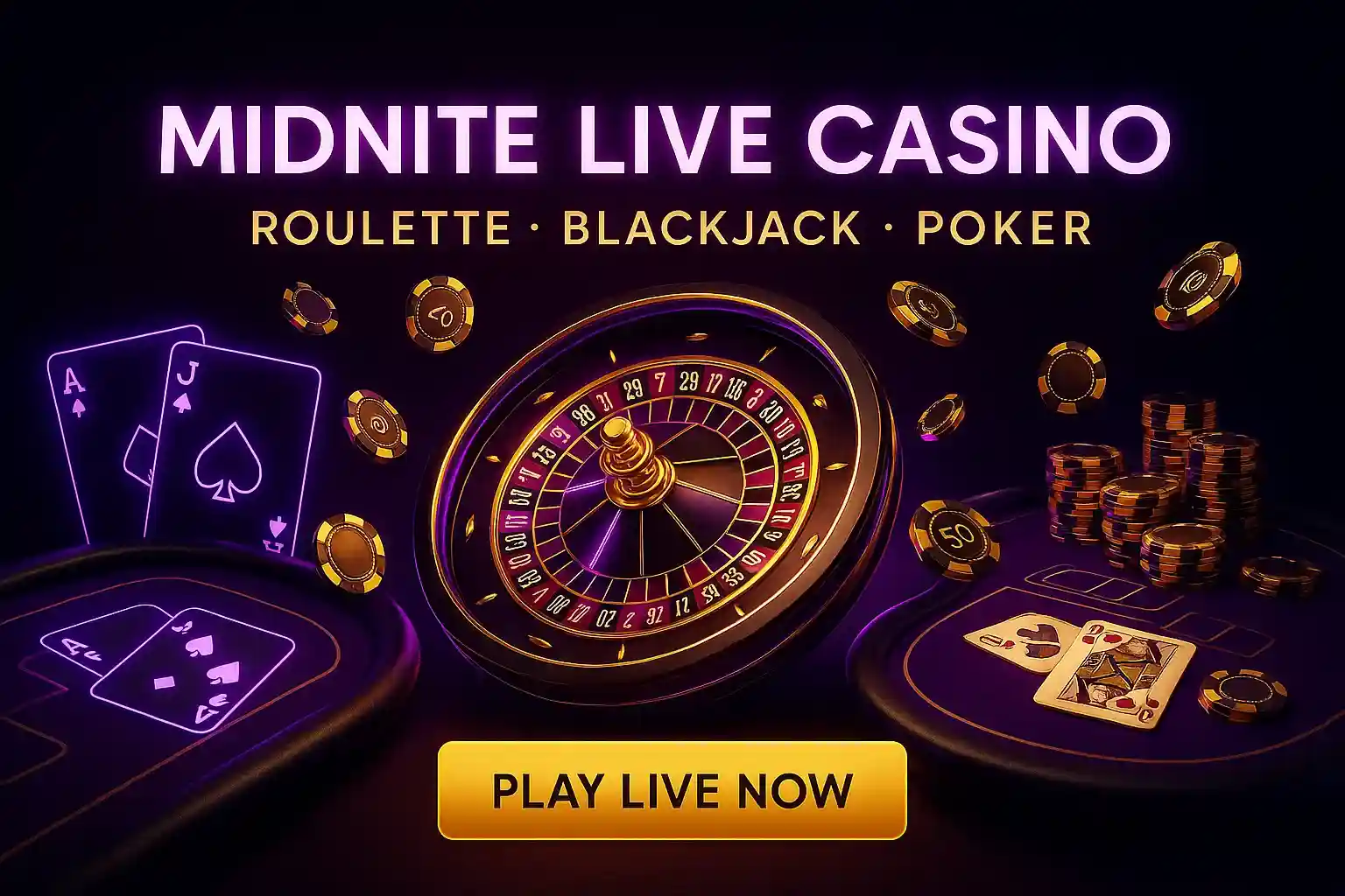 Luxury live casino scene with spinning roulette wheel, poker cards, golden chips and purple neon lighting at Midnite
