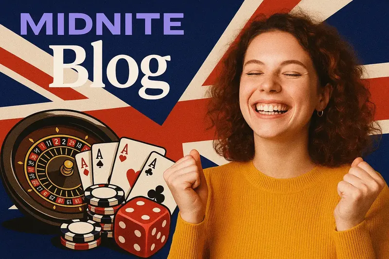 Midnite Blog banner featuring excited woman in yellow sweater celebrating with British flag background, roulette wheel, four aces playing cards, poker chips and red dice