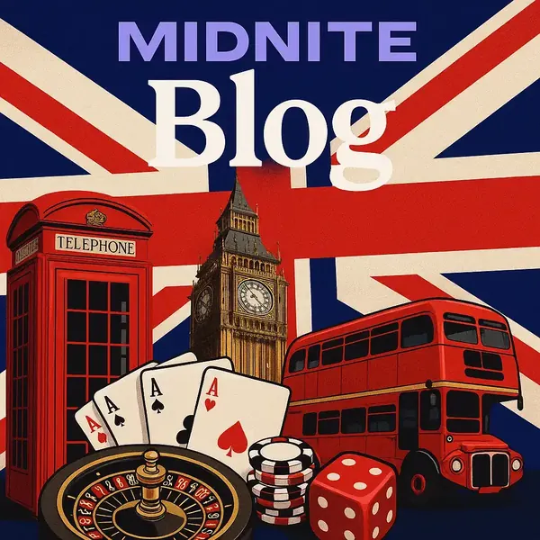 Midnite Blog header with British Union Jack flag background featuring iconic London landmarks including Big Ben, red telephone box, double-decker bus, four aces, roulette wheel and casino elements