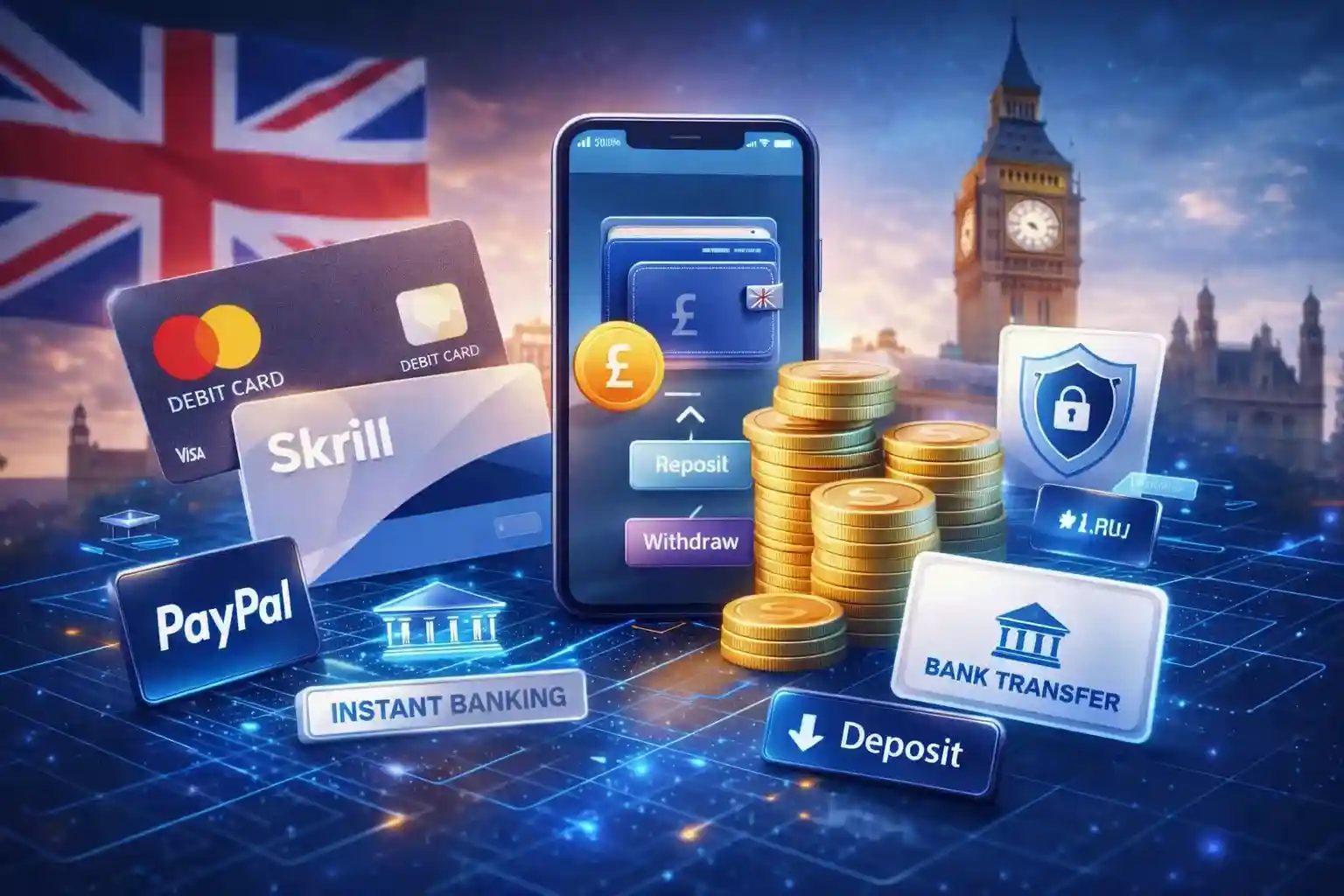 Ilustração de métodos de pagamento para cassino online com celular moedas e cartão