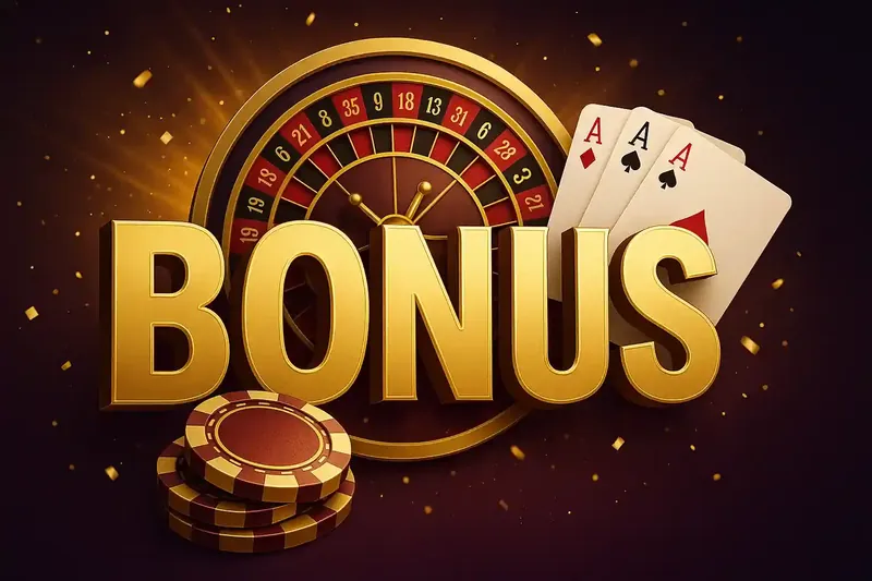 Golden casino bonus text with luxury roulette wheel, ace playing cards and poker chips on dark background with sparkles