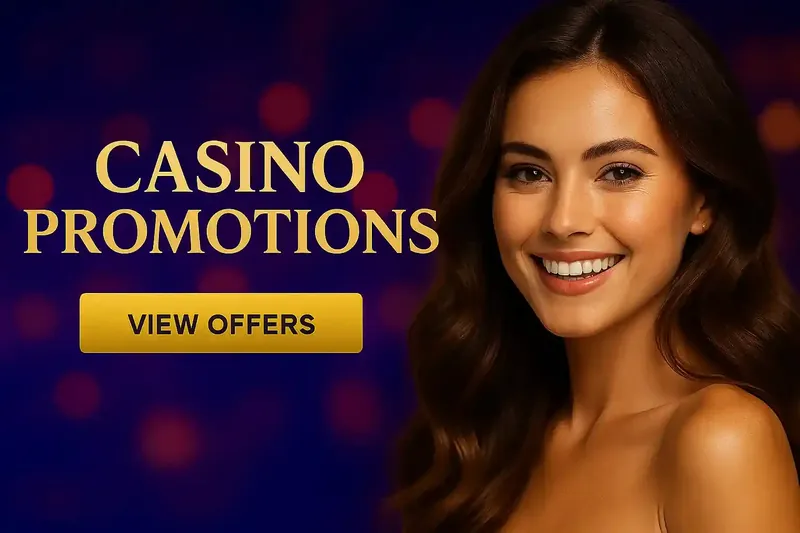Attractive brunette woman smiling against purple bokeh lights background with casino promotions and view offers button