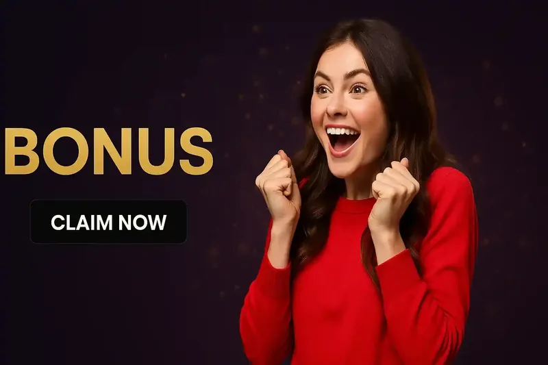 Excited young woman in red sweater celebrating with raised fists and wide smile next to golden bonus text and claim button