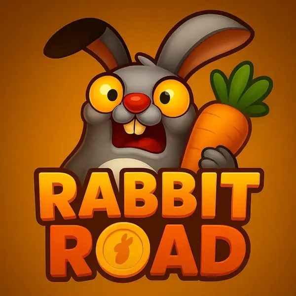 The official game logo for Rabbit Road. It features a cartoon rabbit with wide, excited yellow eyes and a red nose, holding a carrot. The title RABBIT ROAD is in bold orange font below, with a custom coin in the letter O.