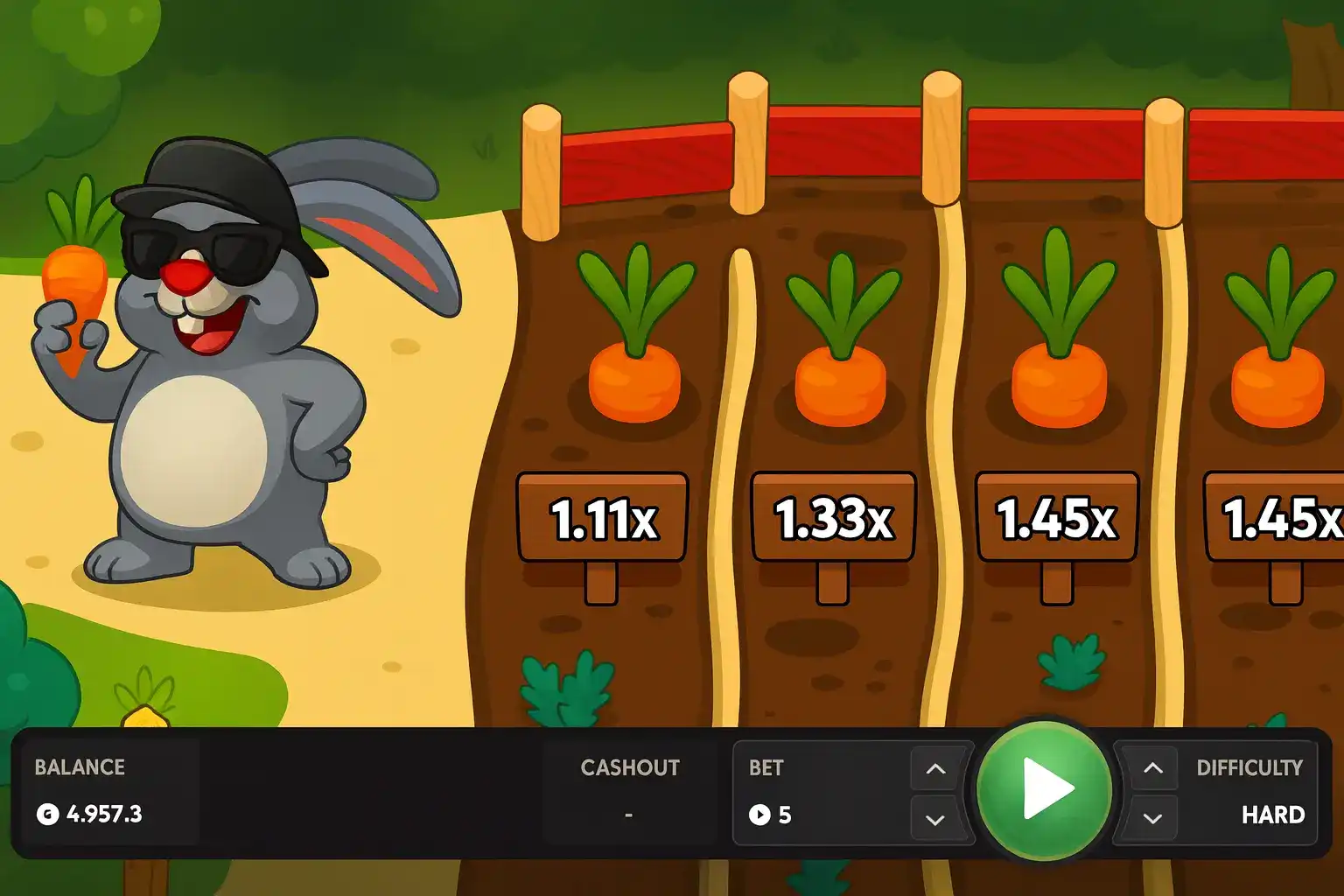 A screenshot of the Rabbit Road gameplay interface. A rabbit character in sunglasses stands on the left, while on the right, rows of carrots show different multipliers like 1.11x and 1.45x. The player's controls are at the bottom.