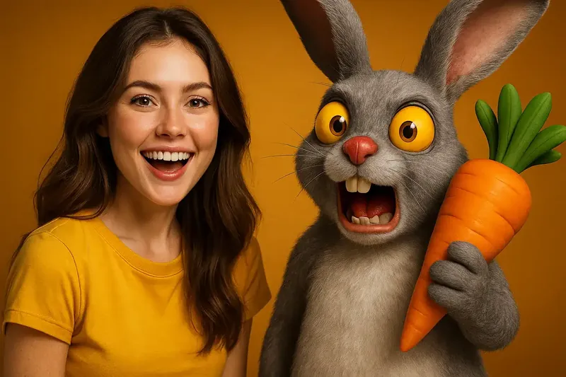 A promotional image featuring a happy young woman in a yellow t-shirt smiling next to a realistic 3D version of the Rabbit Road game character. The rabbit has a shocked expression and is holding a big carrot.