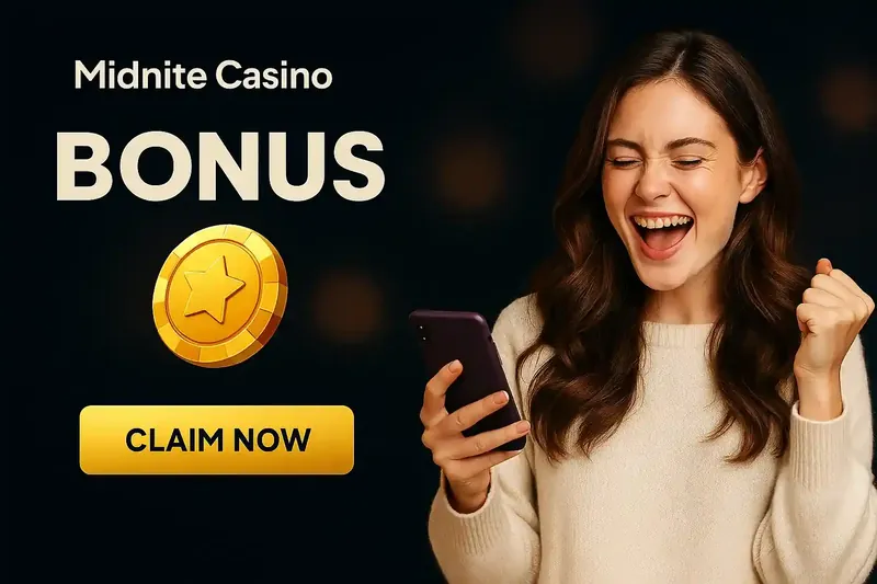 Excited woman in cream sweater celebrating with phone and golden star coin while claiming Midnite Casino bonus offer