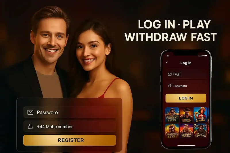 Happy couple showcasing Midnite Casino mobile app login and registration forms with fast withdrawal options for quick gaming access