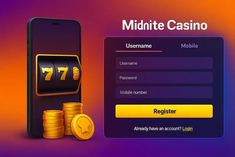 Midnite Casino mobile registration form with smartphone displaying golden slot machine showing 777 jackpot symbols and coins