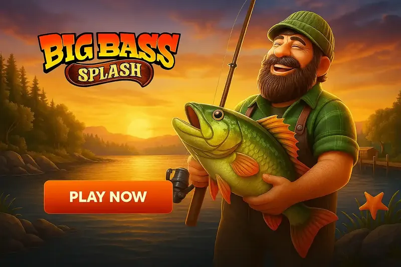 Big Bass Splash slot game featuring cheerful fisherman holding large green bass fish at sunset lake with fishing rod and Play Now button at Midnite