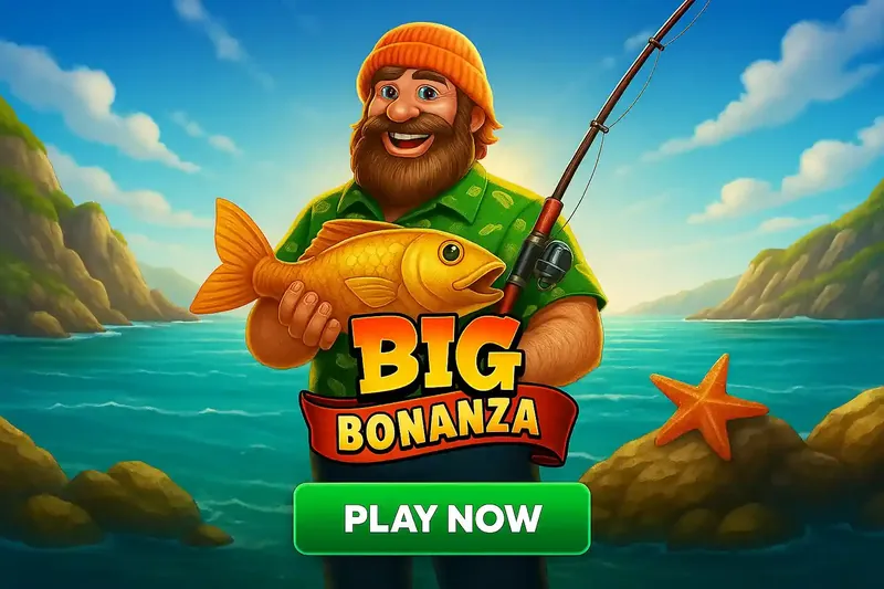 Big Bonanza slot game showing smiling bearded fisherman in orange beanie holding golden fish with fishing rod against tropical blue ocean at Midnite