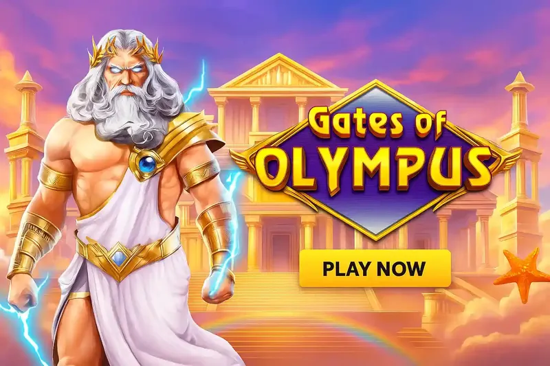 Gates of Olympus slot featuring mighty Zeus with lightning bolt and golden crown before ancient Greek temple with purple sky at Midnite casino