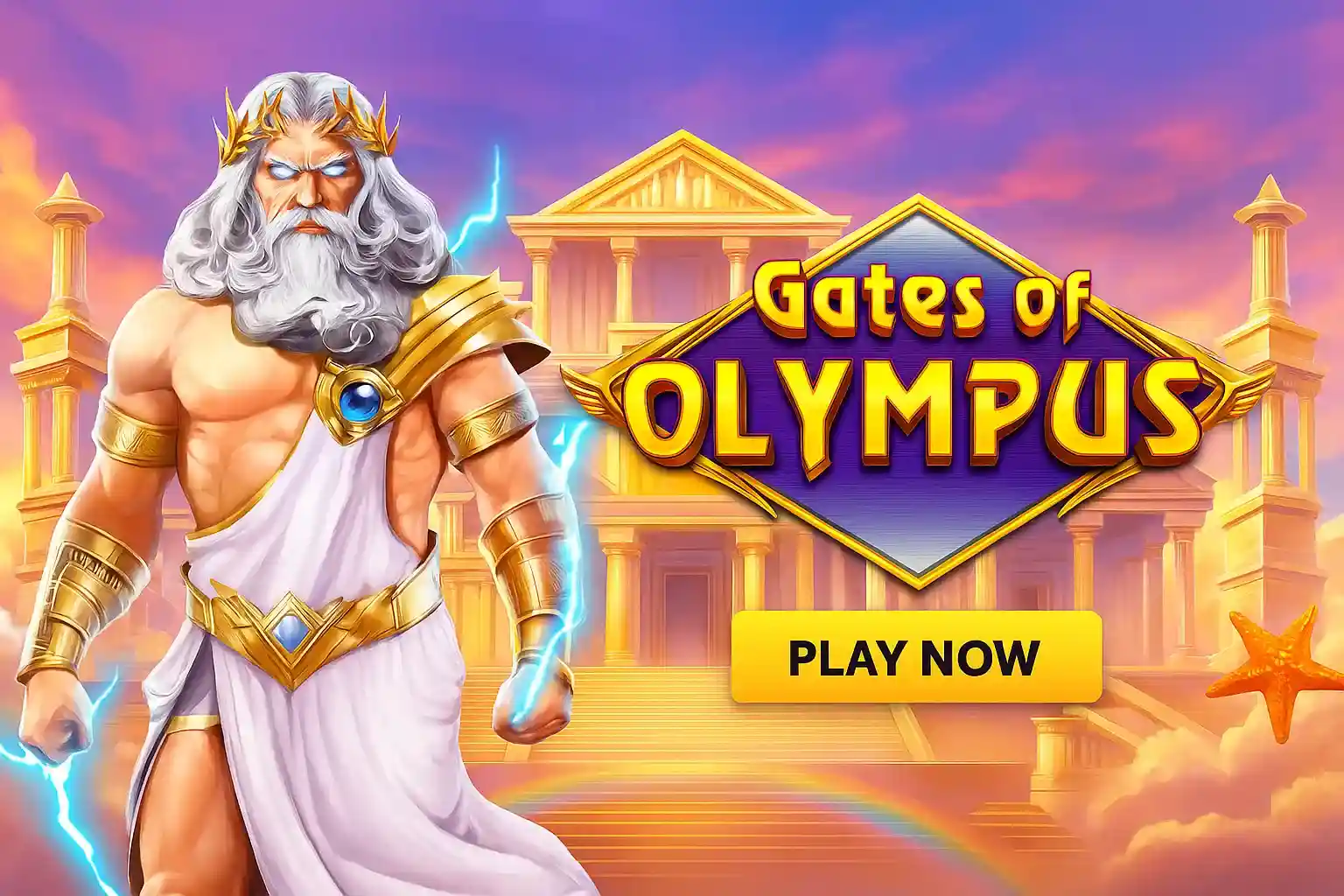 Gates of Olympus Slot with Zeus - Play at Midnite Casino Gates of Olympus slot featuring mighty Zeus with lightning bolt and golden crown before ancient Greek temple with purple sky at Midnite casino