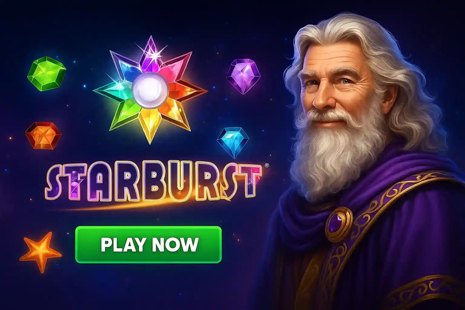 Starburst Cosmic Slot with Wizard - Play at Midnite Starburst slot game showing wise wizard with white beard and colorful crystal star gems floating in cosmic space background at Midnite casino