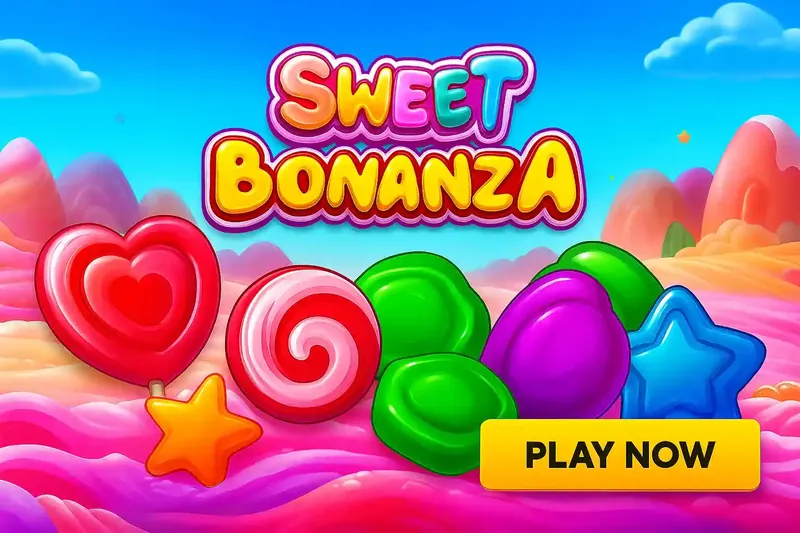 Sweet Bonanza slot game displaying colorful candy land with heart lollipops, swirls and star candies in vibrant pink fantasy world at Midnite