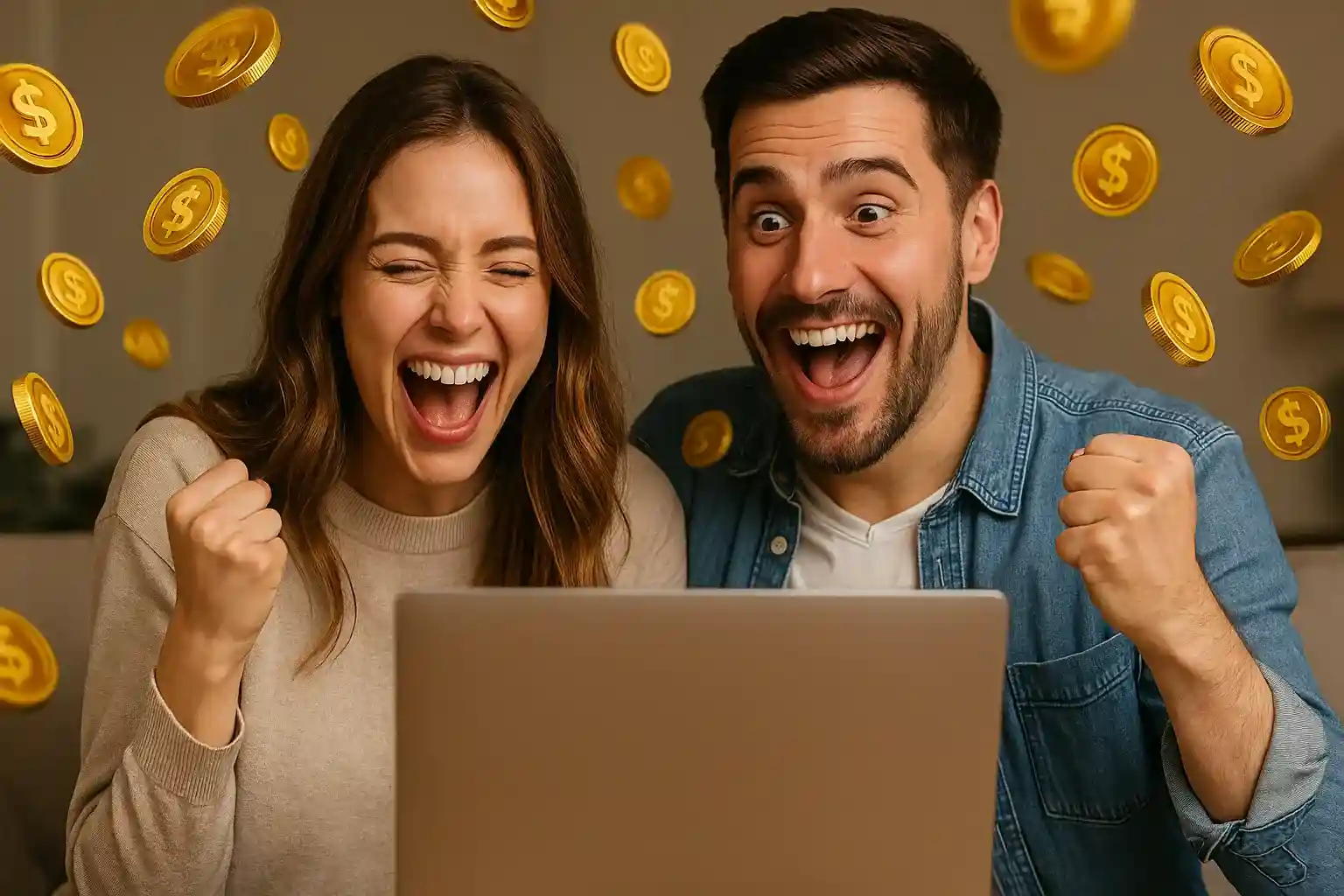 Casino Winners Celebration - Big Jackpot Success at Midnite Ecstatic young couple with raised fists cheering at laptop surrounded by falling golden dollar coins celebrating big casino wins