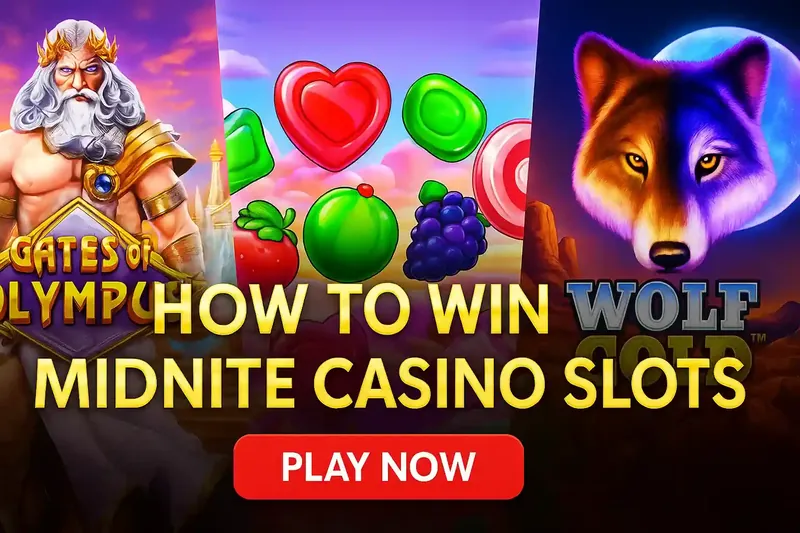 How to win guide for Midnite Casino slots showing Gates of Olympus Zeus, Sweet Bonanza fruits and Wolf Gold wolf with play now button