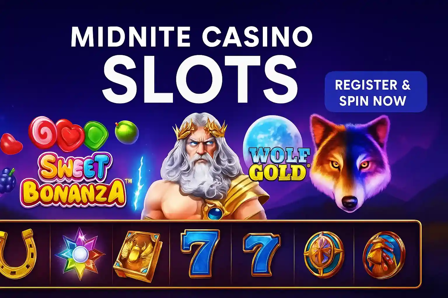 Midnite Casino Slots - Sweet Bonanza, Zeus and Wolf Gold Games Midnite Casino slots showcase featuring Sweet Bonanza candies, Zeus god character, Wolf Gold mystical wolf and classic slot symbols with register button