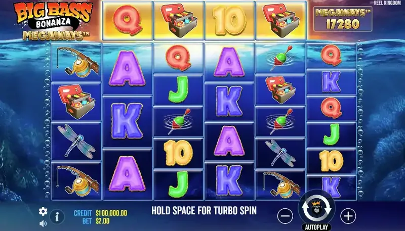 Big Bass Bonanza Megaways slot interface featuring underwater fishing theme with angler symbols, playing cards and 17280 megaways displayed