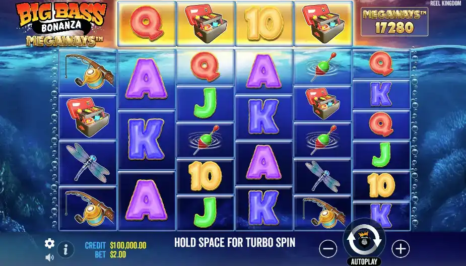 Big Bass Bonanza Megaways slot interface featuring underwater fishing theme with angler symbols, playing cards and 17280 megaways displayed