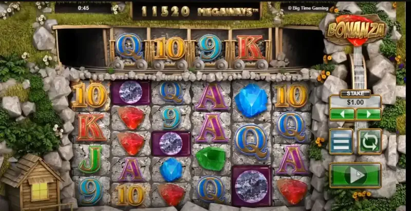 Bonanza Megaways slot gameplay featuring mining theme with gemstone symbols, mine cart tracks and 11520 megaways in rocky mountain setting