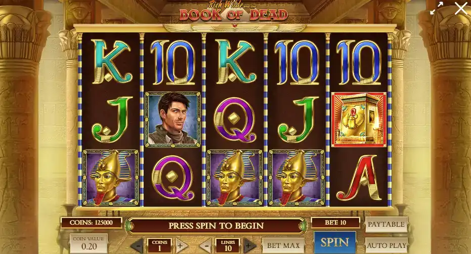 Book of Dead slot machine gameplay interface showing ancient Egyptian temple with explorer character, pharaoh symbols, playing card values and spin controls