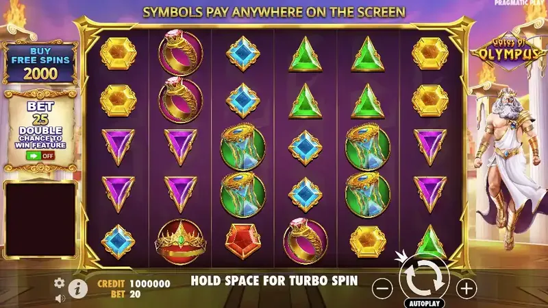 Gates of Olympus slot game interface by Pragmatic Play showing mythological Greek symbols, gems, crowns with Zeus character and buy free spins feature