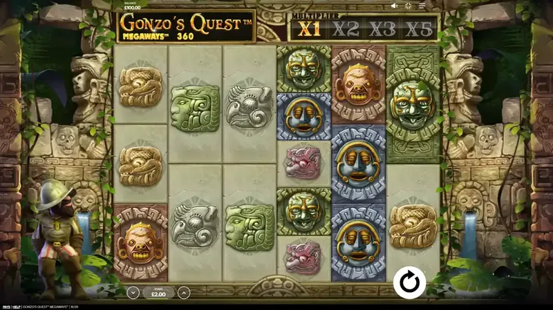 Gonzo's Quest Megaways slot interface showing ancient Aztec temple theme with stone carved symbols, multipliers and conquistador Gonzo character