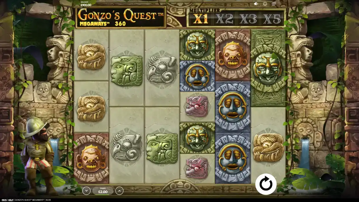Gonzo's Quest Megaways slot interface showing ancient Aztec temple theme with stone carved symbols, multipliers and conquistador Gonzo character