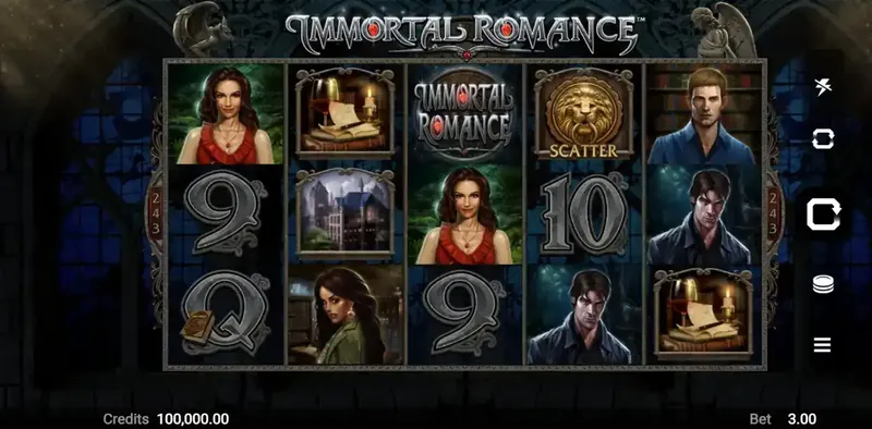 Immortal Romance slot game interface featuring vampire theme with gothic characters, castle symbols, scatter lions and dark atmospheric setting