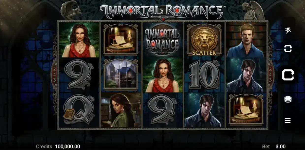 Immortal Romance slot game interface featuring vampire theme with gothic characters, castle symbols, scatter lions and dark atmospheric setting