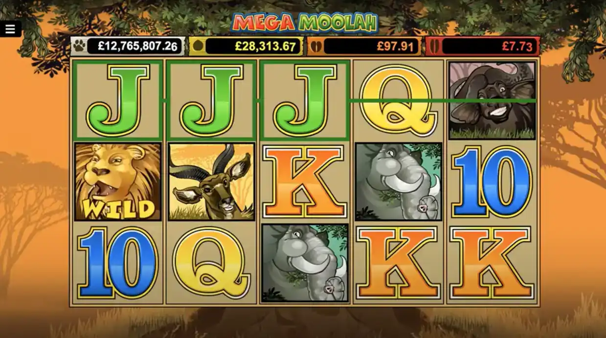 Mega Moolah progressive jackpot slot gameplay showing African safari theme with lion, buffalo, antelope symbols and massive jackpot amounts displayed