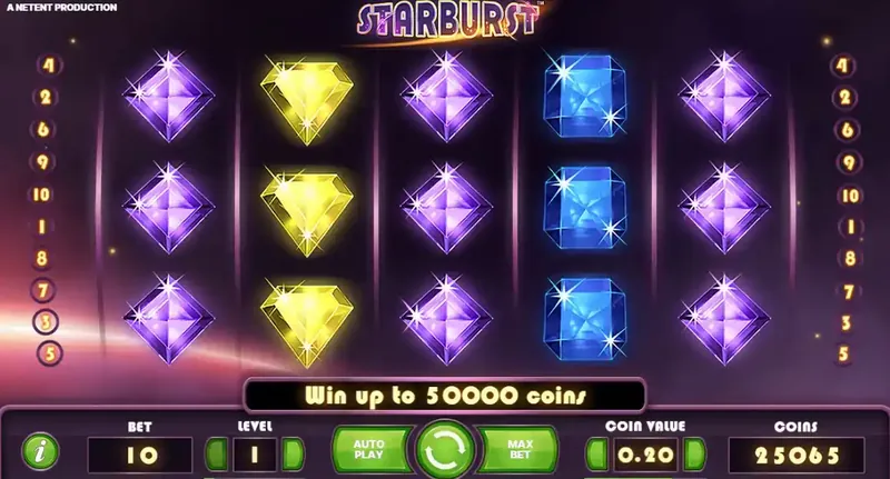 Starburst slot game interface by NetEnt featuring colorful diamond and gem symbols with cosmic space background and win up to 50000 coins display